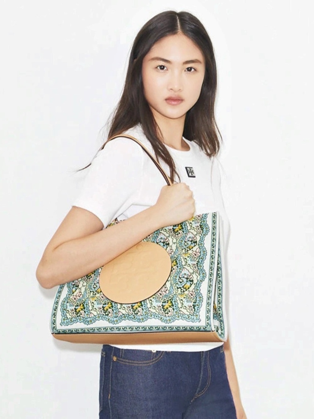 Tory Burch Ella Printed Small Tote Floral Blue & Tan Paisley Purse
